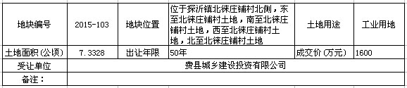 费县探沂镇1宗工业用地成功拍卖 成交价1600万元